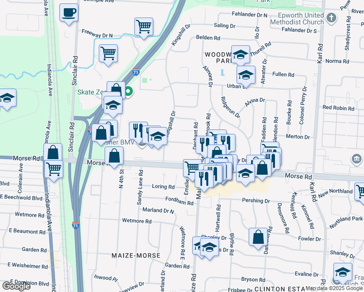 map of restaurants, bars, coffee shops, grocery stores, and more near 1120 Morse Road in Columbus