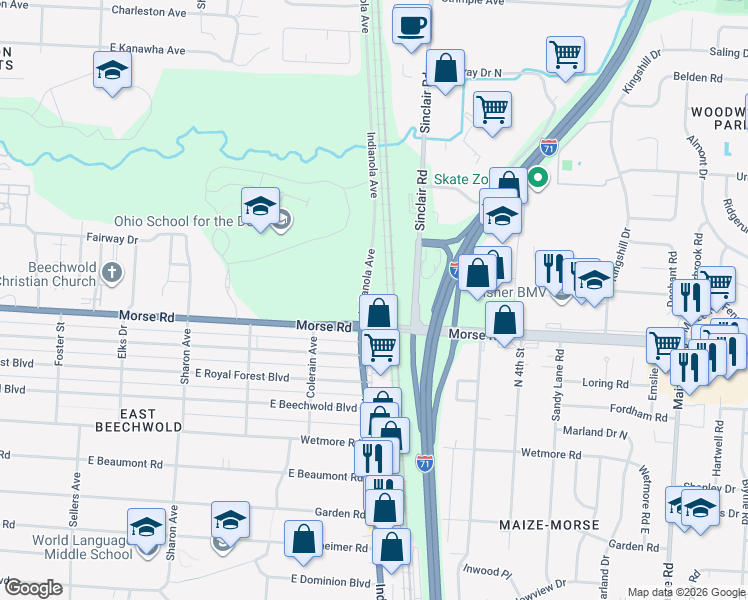 map of restaurants, bars, coffee shops, grocery stores, and more near in Columbus