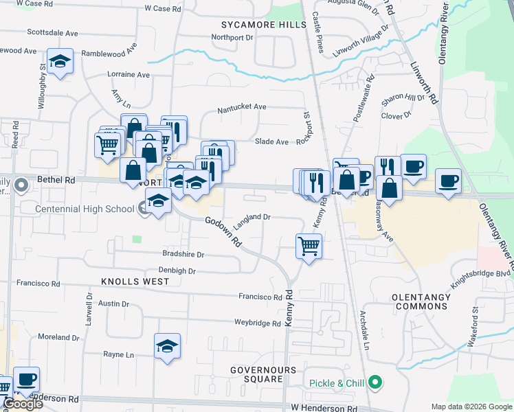 map of restaurants, bars, coffee shops, grocery stores, and more near 1234 Langland Drive in Columbus