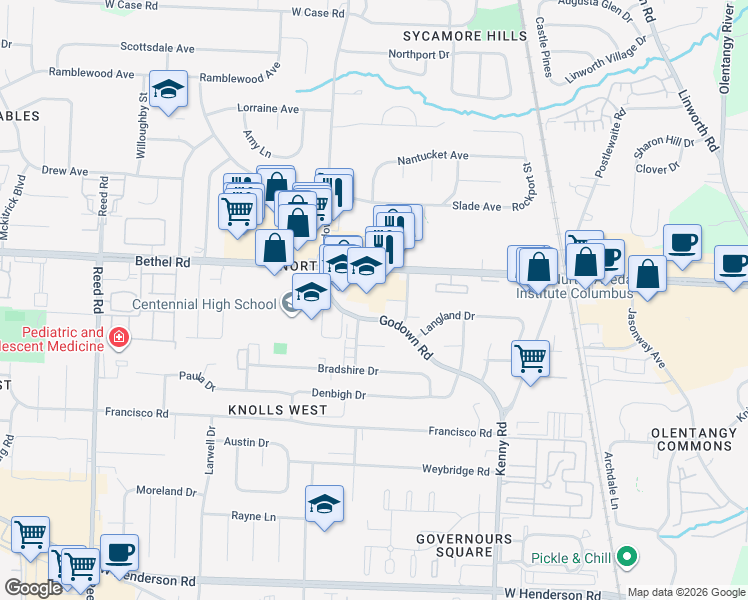 map of restaurants, bars, coffee shops, grocery stores, and more near in Columbus