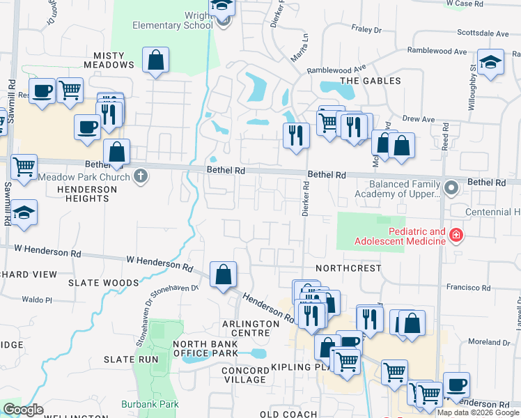 map of restaurants, bars, coffee shops, grocery stores, and more near 2228 Burgoyne Court in Columbus