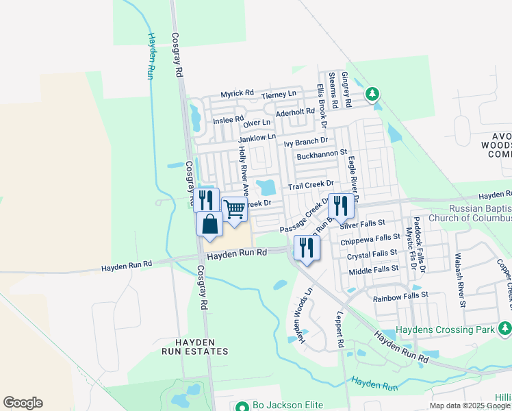 map of restaurants, bars, coffee shops, grocery stores, and more near 5424 Holly River Avenue in Dublin