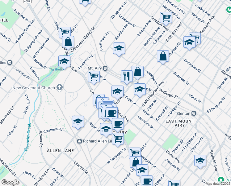 map of restaurants, bars, coffee shops, grocery stores, and more near 133 East Mount Airy Avenue in Philadelphia