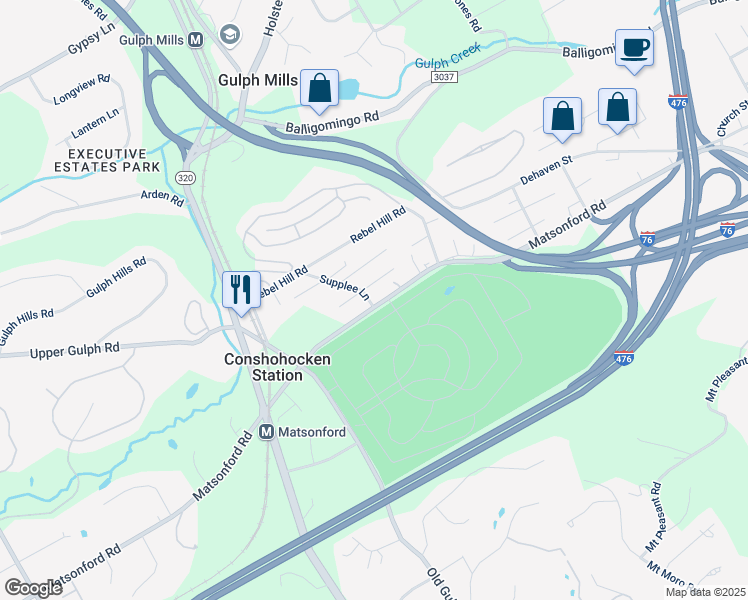 map of restaurants, bars, coffee shops, grocery stores, and more near 189 Matsonford Road in Conshohocken