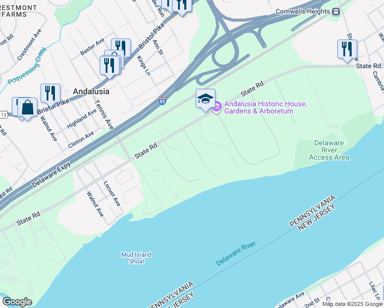 map of restaurants, bars, coffee shops, grocery stores, and more near 542 Maria Circle in Bucks County