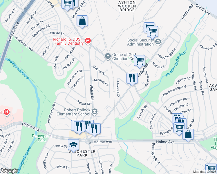 map of restaurants, bars, coffee shops, grocery stores, and more near 2840 Sebring Road in Philadelphia