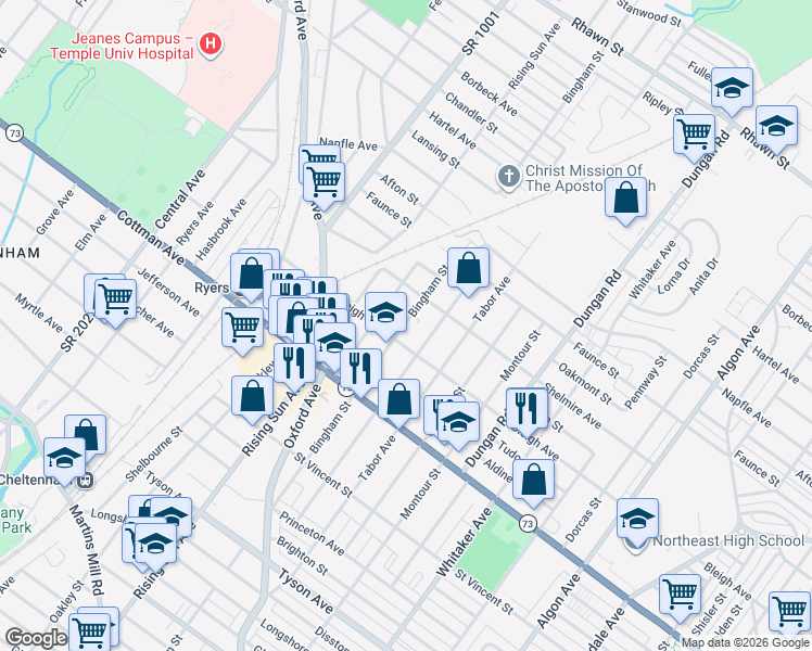map of restaurants, bars, coffee shops, grocery stores, and more near 7340 Bingham Street in Philadelphia