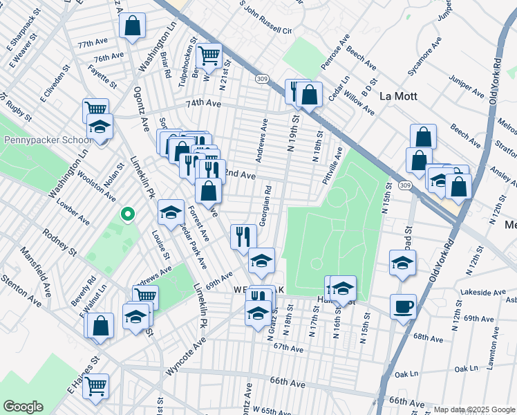 map of restaurants, bars, coffee shops, grocery stores, and more near 1929 71st Avenue in Philadelphia