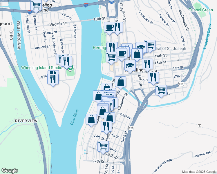 map of restaurants, bars, coffee shops, grocery stores, and more near 2301 Main Street in Wheeling