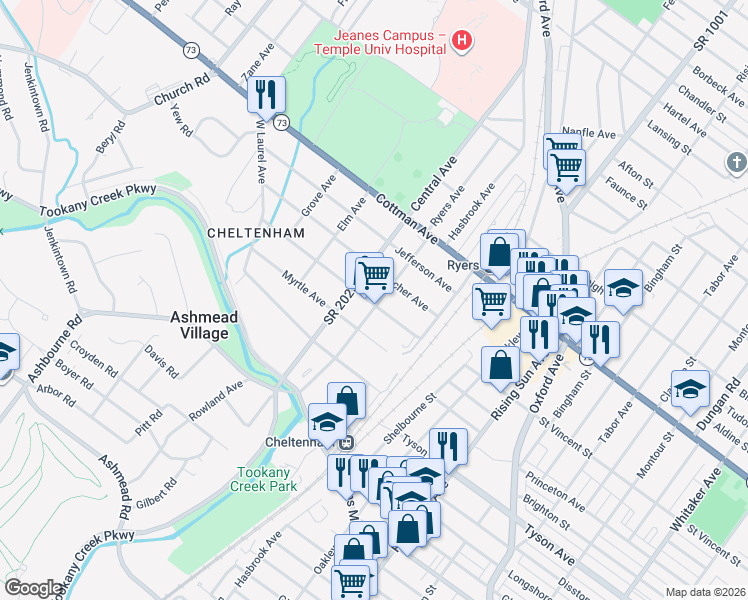 map of restaurants, bars, coffee shops, grocery stores, and more near 140 Franklin Avenue in Montgomery County