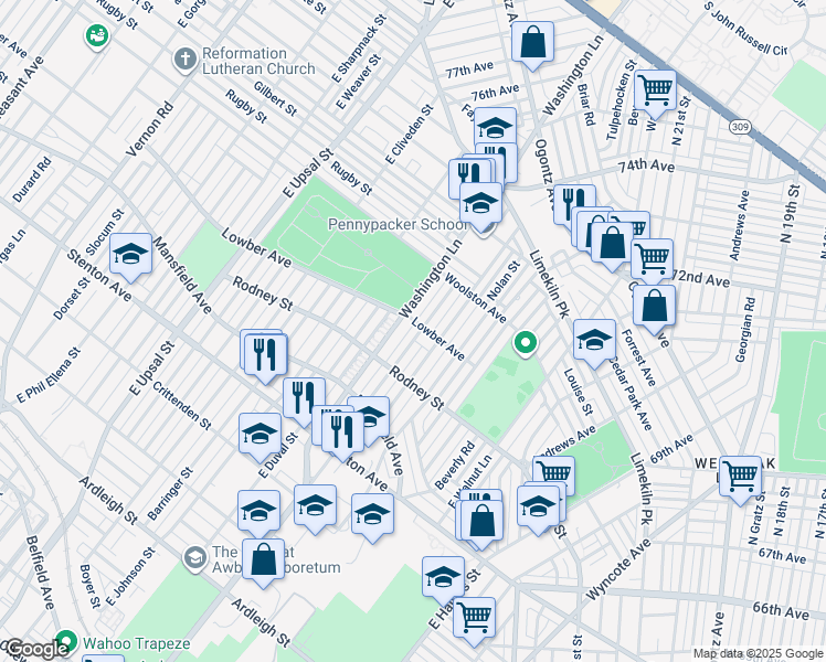 map of restaurants, bars, coffee shops, grocery stores, and more near 1653 East Mayland Street in Philadelphia
