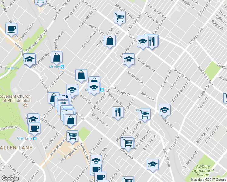 map of restaurants, bars, coffee shops, grocery stores, and more near 7014 Ardleigh Street in Philadelphia