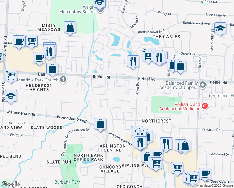 map of restaurants, bars, coffee shops, grocery stores, and more near 2245 Hedgerow Road in Columbus