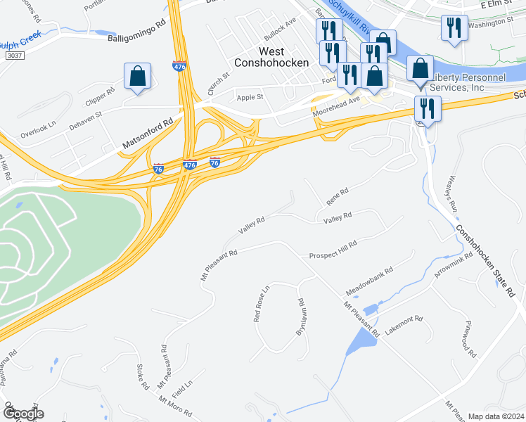 map of restaurants, bars, coffee shops, grocery stores, and more near 1240 Valley Road in Villanova