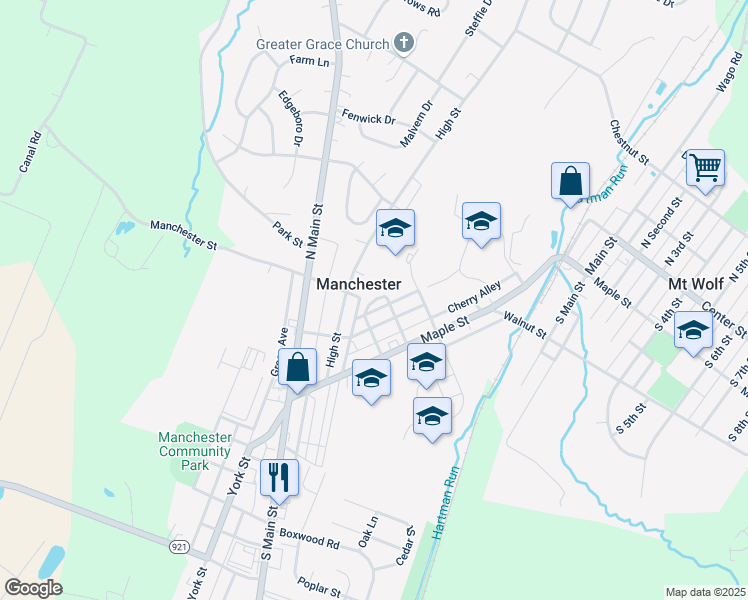 map of restaurants, bars, coffee shops, grocery stores, and more near 319 Royal Drive in Manchester