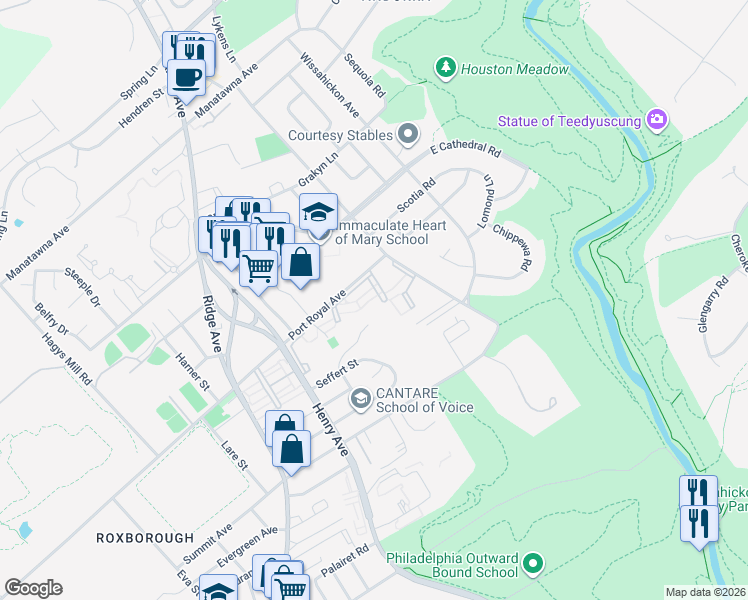 map of restaurants, bars, coffee shops, grocery stores, and more near 8201 Henry Avenue in Philadelphia