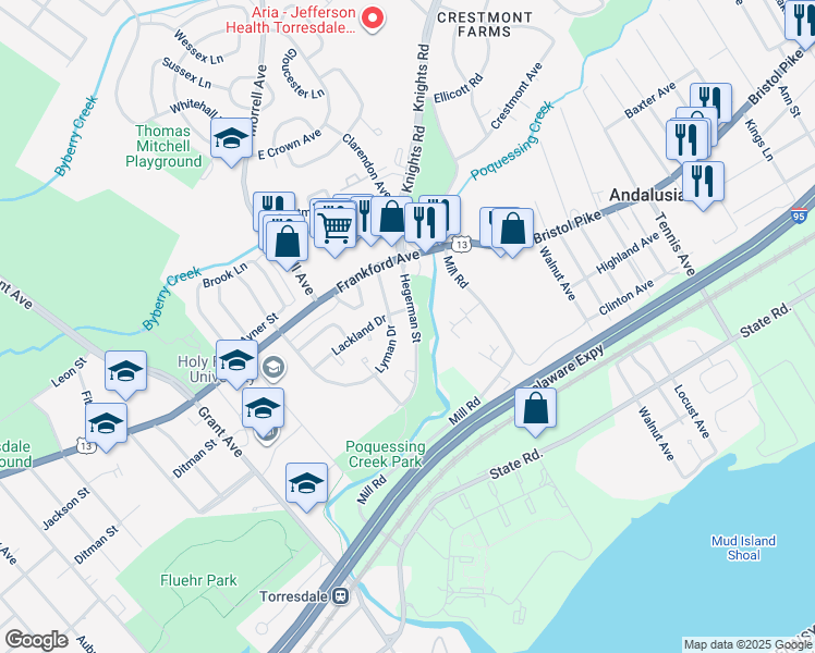 map of restaurants, bars, coffee shops, grocery stores, and more near 9986 Hegerman Street in Philadelphia