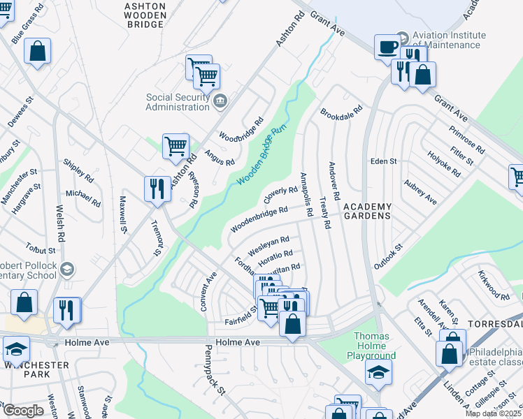 map of restaurants, bars, coffee shops, grocery stores, and more near 9232 Woodenbridge Road in Philadelphia