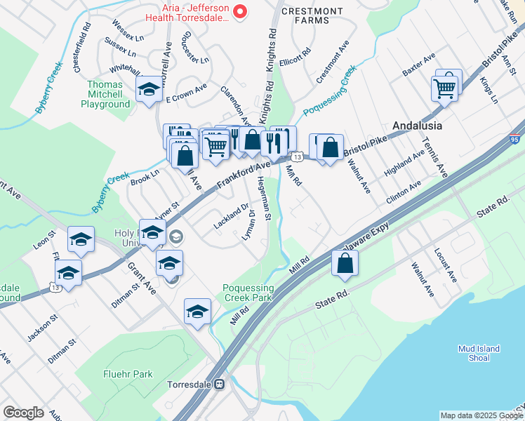 map of restaurants, bars, coffee shops, grocery stores, and more near 9986 Hegerman Street in Philadelphia