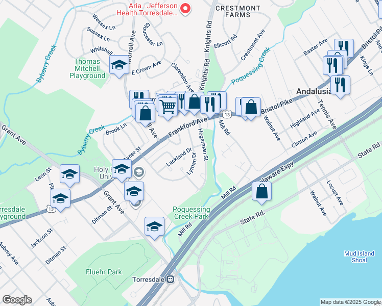 map of restaurants, bars, coffee shops, grocery stores, and more near 4202 Lyman Drive in Philadelphia