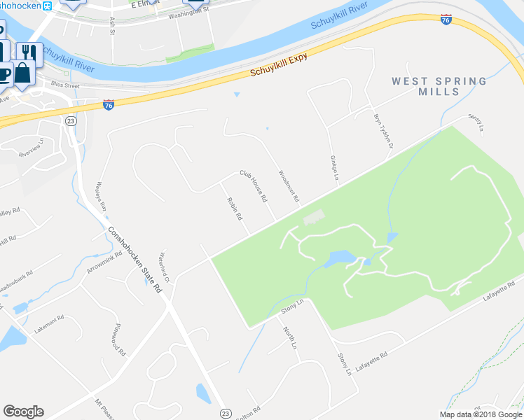 map of restaurants, bars, coffee shops, grocery stores, and more near 1106 Club House Road in Gladwyne