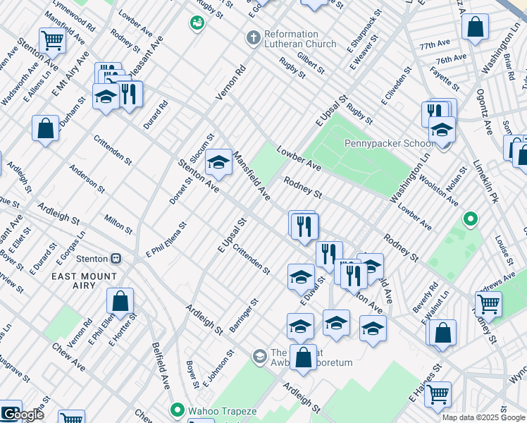map of restaurants, bars, coffee shops, grocery stores, and more near 1409 Yerkes Street in Philadelphia