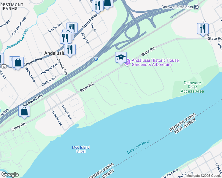 map of restaurants, bars, coffee shops, grocery stores, and more near 542 Maria Circle in Bucks County
