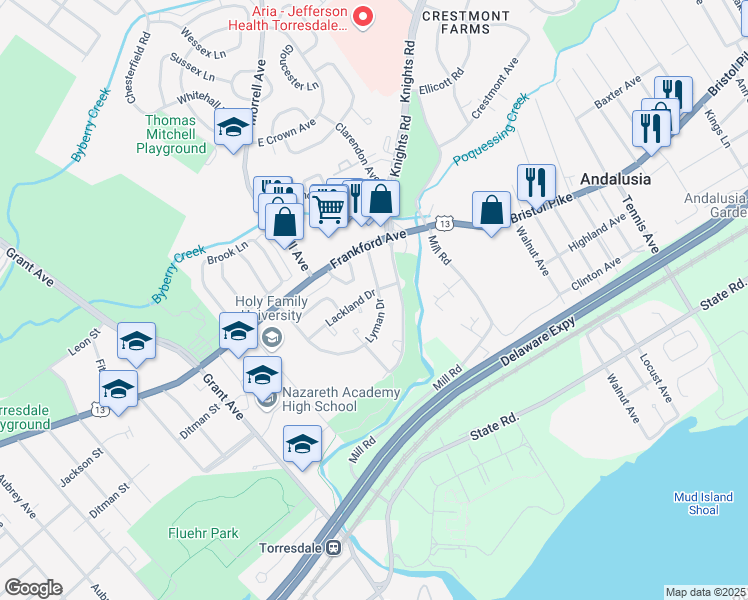 map of restaurants, bars, coffee shops, grocery stores, and more near 4202 Lyman Drive in Philadelphia