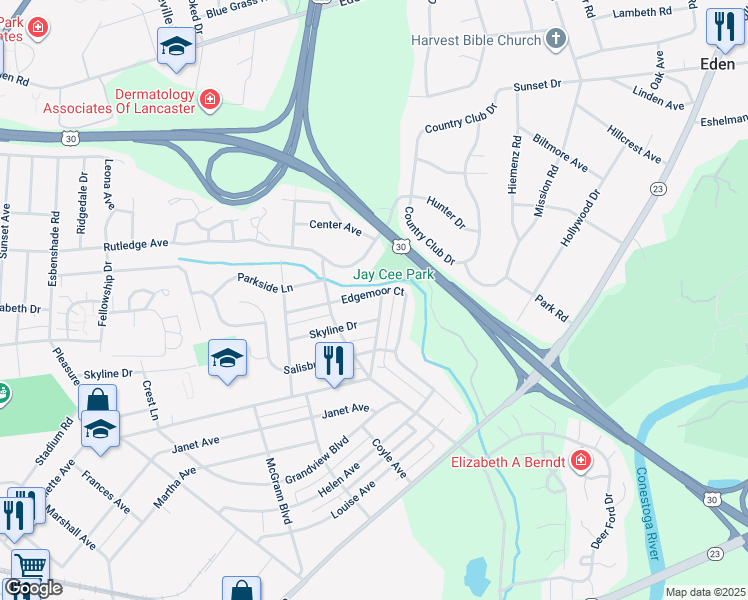 map of restaurants, bars, coffee shops, grocery stores, and more near 1042 Edgemoor Court in Lancaster