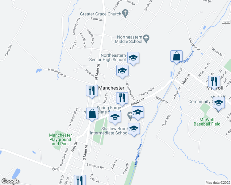 map of restaurants, bars, coffee shops, grocery stores, and more near 419 Royal Drive in Manchester
