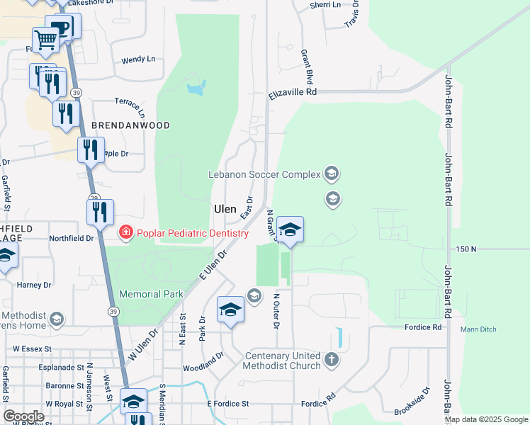 map of restaurants, bars, coffee shops, grocery stores, and more near 1810 North Grant Street in Lebanon
