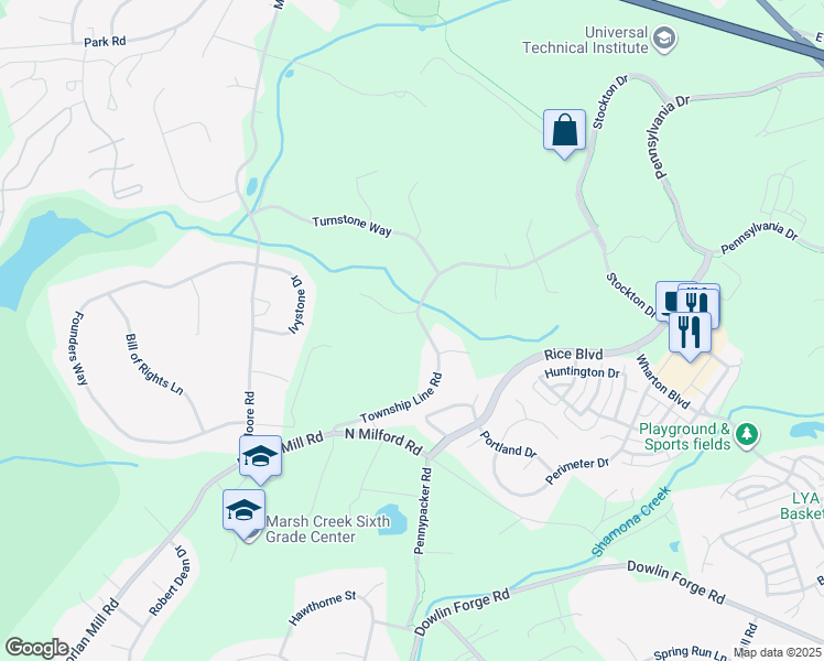 map of restaurants, bars, coffee shops, grocery stores, and more near 101 Peregrine Lane in Downingtown