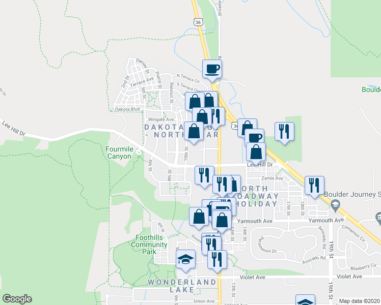 map of restaurants, bars, coffee shops, grocery stores, and more near Front Range Boulevard in Boulder