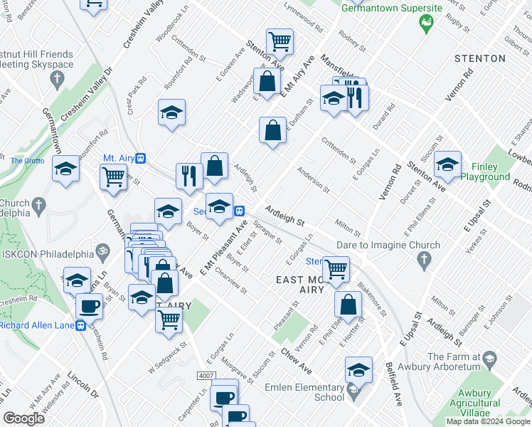 map of restaurants, bars, coffee shops, grocery stores, and more near 7014 Ardleigh Street in Philadelphia