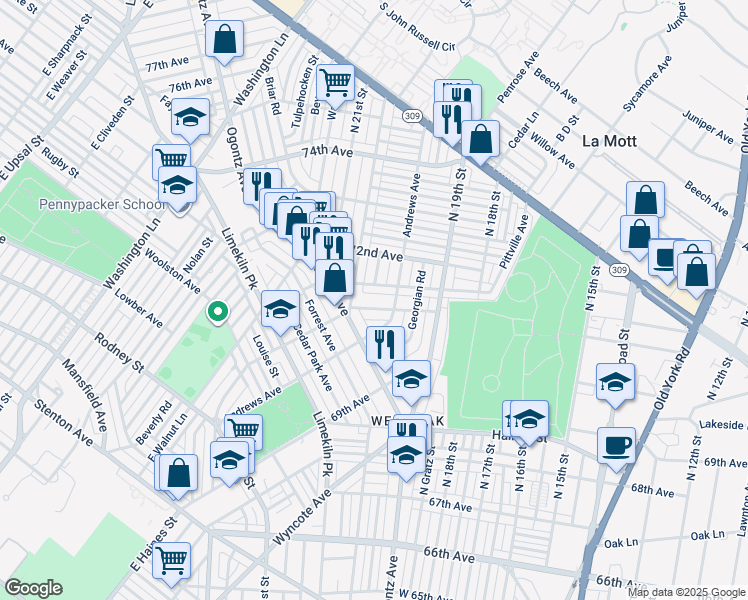 map of restaurants, bars, coffee shops, grocery stores, and more near 1965 71st Avenue in Philadelphia