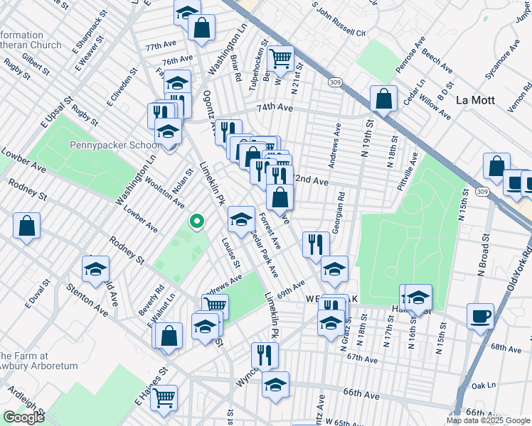 map of restaurants, bars, coffee shops, grocery stores, and more near 7083 Forrest Avenue in Philadelphia