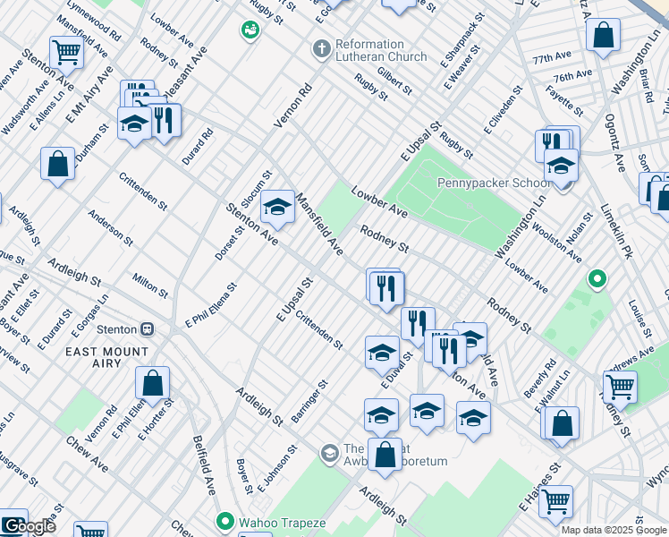 map of restaurants, bars, coffee shops, grocery stores, and more near 1409 Yerkes Street in Philadelphia