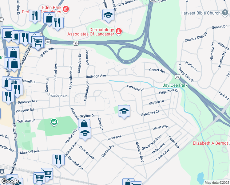 map of restaurants, bars, coffee shops, grocery stores, and more near 565 Friendship Avenue in Lancaster