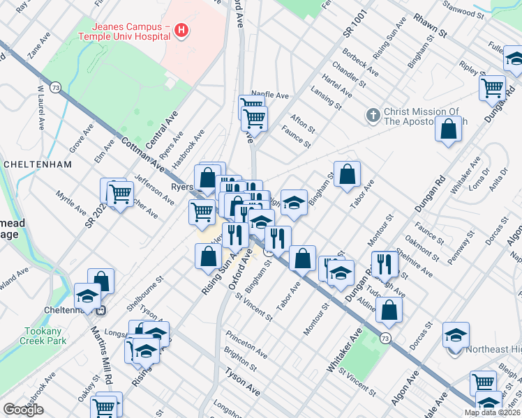 map of restaurants, bars, coffee shops, grocery stores, and more near 7330 Palmetto Street in Philadelphia