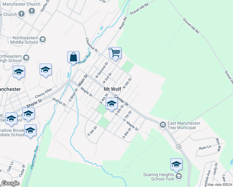 map of restaurants, bars, coffee shops, grocery stores, and more near 467 Center Street in Mount Wolf