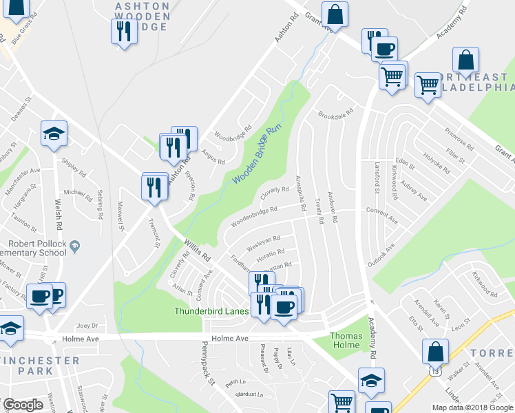 map of restaurants, bars, coffee shops, grocery stores, and more near 9232 Woodenbridge Road in Philadelphia