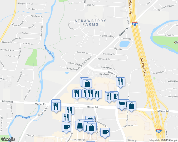 map of restaurants, bars, coffee shops, grocery stores, and more near 3940 Migration Lane in Columbus