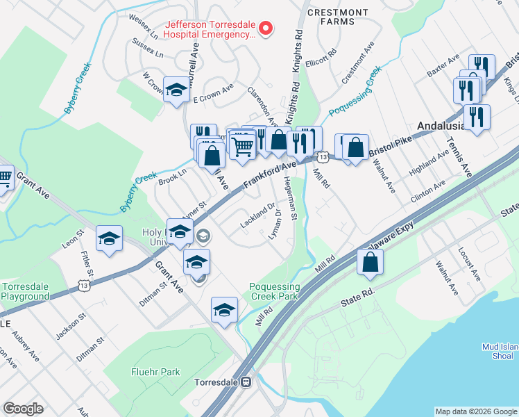 map of restaurants, bars, coffee shops, grocery stores, and more near 4212 Lackland Terrace in Philadelphia