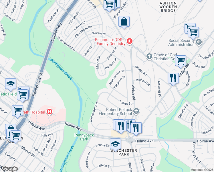 map of restaurants, bars, coffee shops, grocery stores, and more near 8728 Hargrave Street in Philadelphia