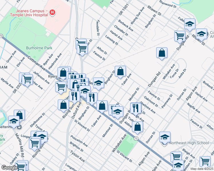 map of restaurants, bars, coffee shops, grocery stores, and more near 7409 Lawndale Avenue in Philadelphia