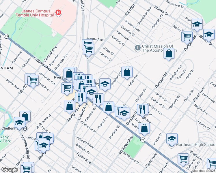 map of restaurants, bars, coffee shops, grocery stores, and more near 7340 Bingham Street in Philadelphia