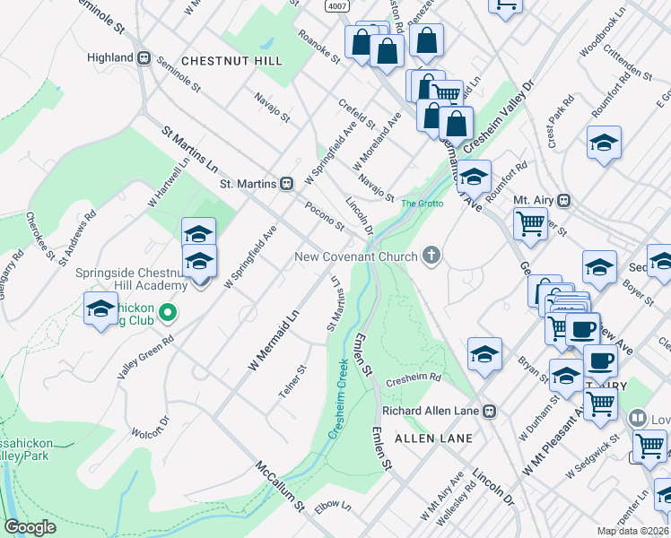 map of restaurants, bars, coffee shops, grocery stores, and more near 7660 Saint Martins Lane in Philadelphia