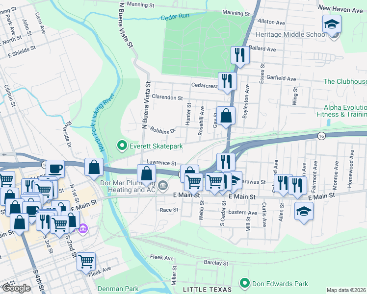 map of restaurants, bars, coffee shops, grocery stores, and more near 260 Lawrence Street in Newark
