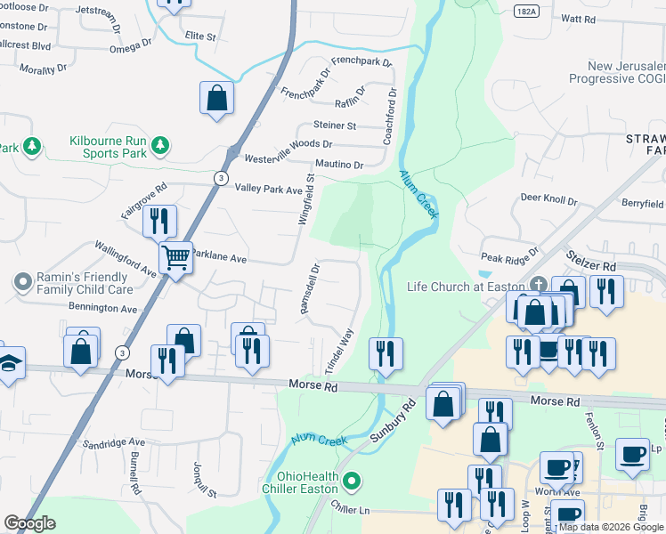 map of restaurants, bars, coffee shops, grocery stores, and more near 3481 Craigmore Court in Columbus