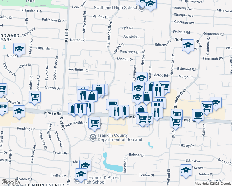 map of restaurants, bars, coffee shops, grocery stores, and more near 4646 Tamarack Boulevard in Columbus